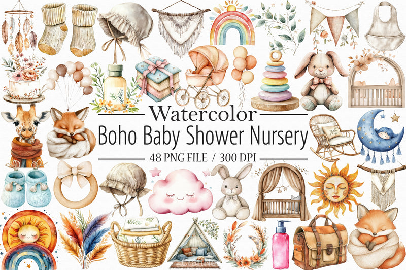 Boho Nursery Baby Shower Clipart Bundle - CraftNest - Digital Crafting and Art