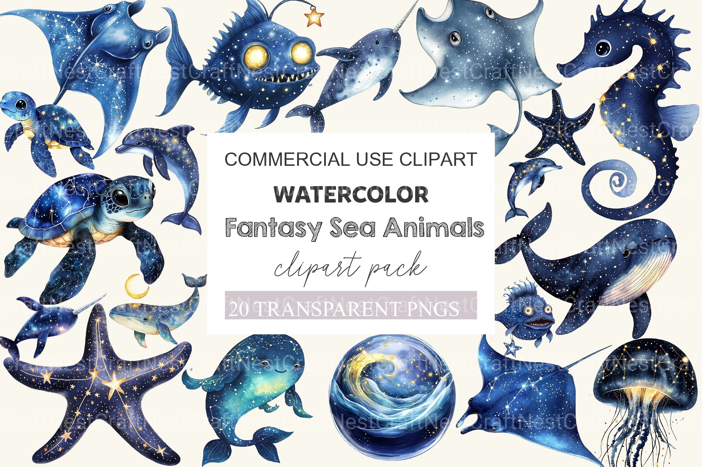 Fantasy Cute Sea Creature Animals Clipart Bundle - CraftNest - Digital Crafting and Art
