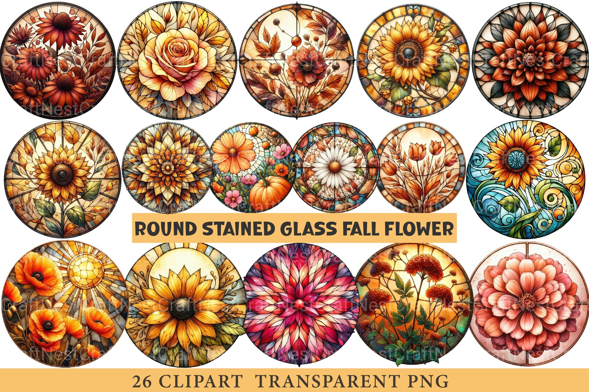Round Stained Glass Fall Flower Clipart Bundle - CraftNest - Digital Crafting and Art