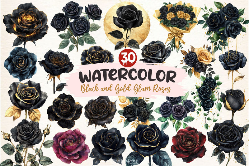 Black And Gold Glam Roses Clipart Bundle - CraftNest - Digital Crafting and Art