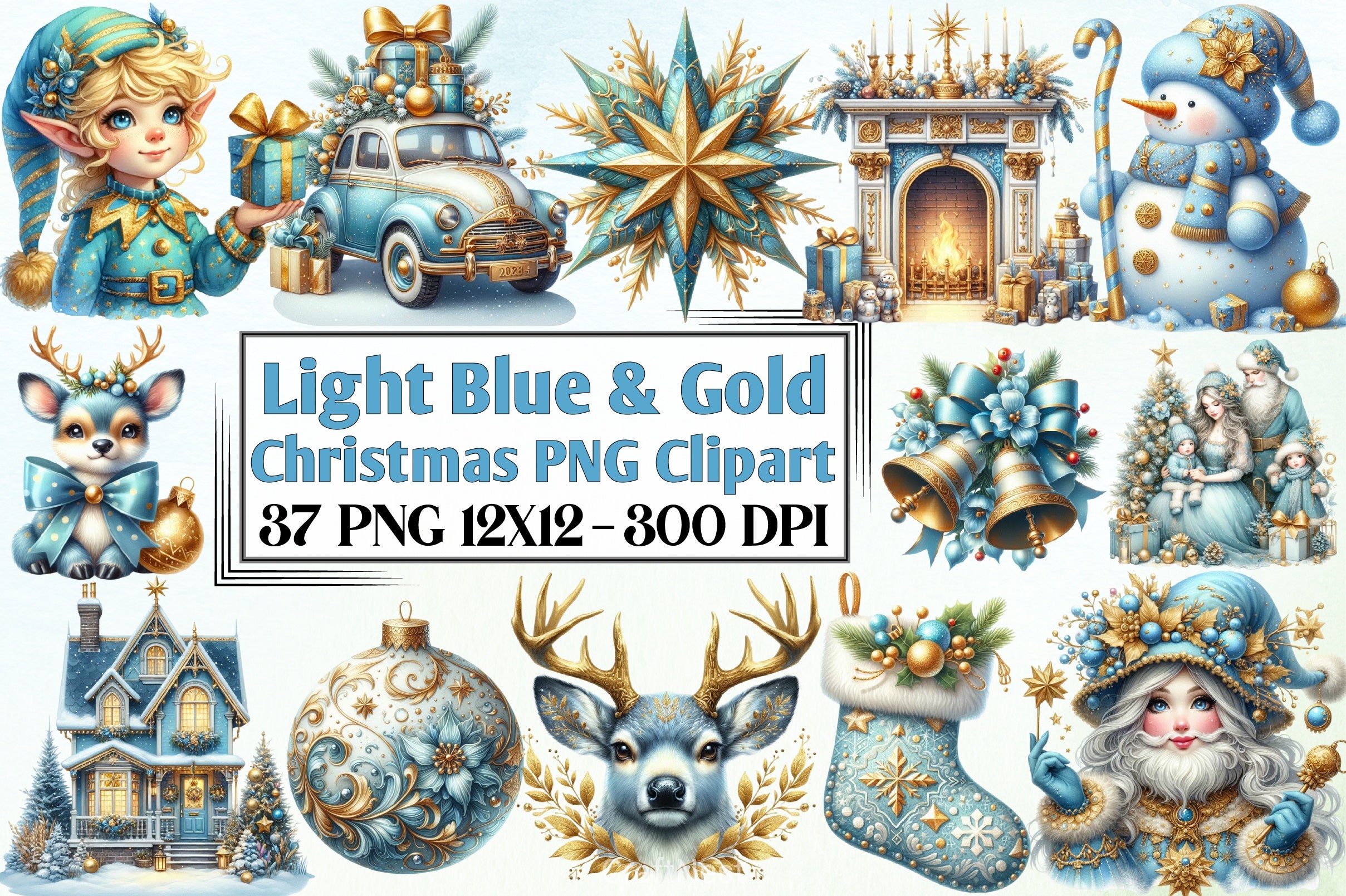 Light Blue & Gold Christmas Clipart Bundle - CraftNest - Digital Crafting and Art