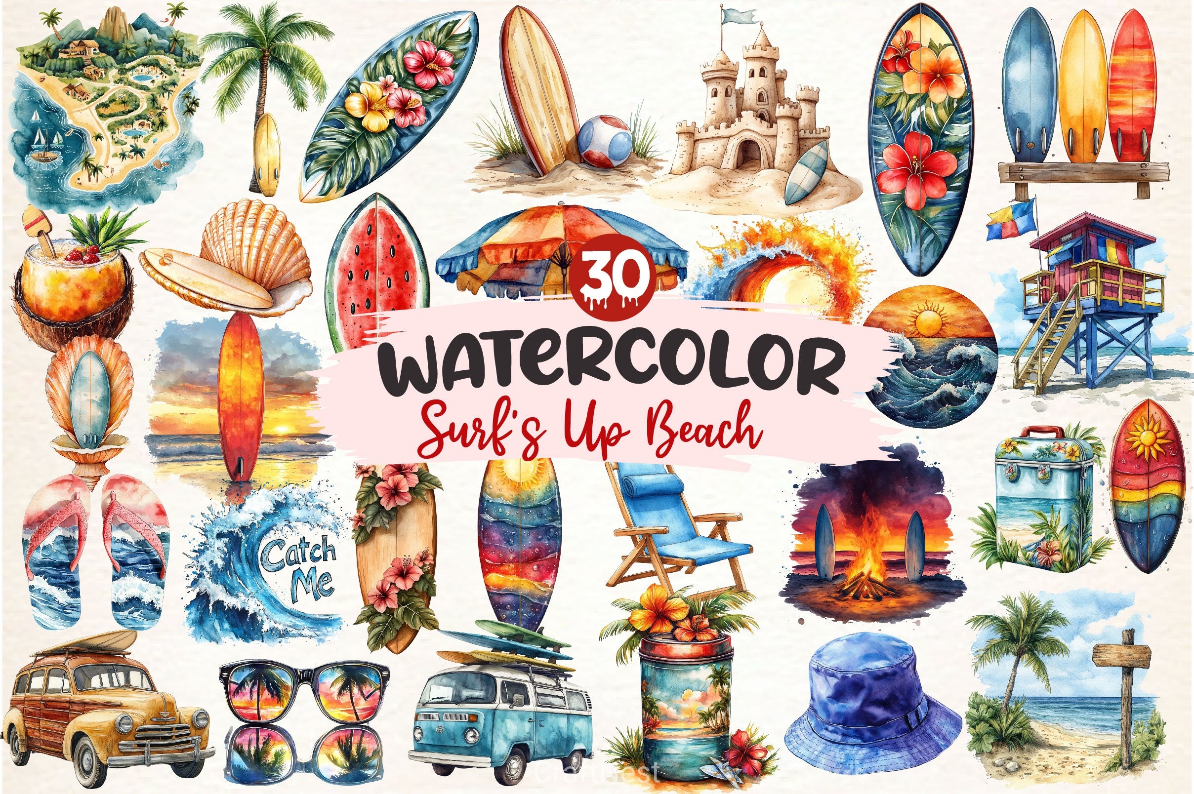 Surfs Up Beach Summer Clipart Bundle - CraftNest - Digital Crafting and Art