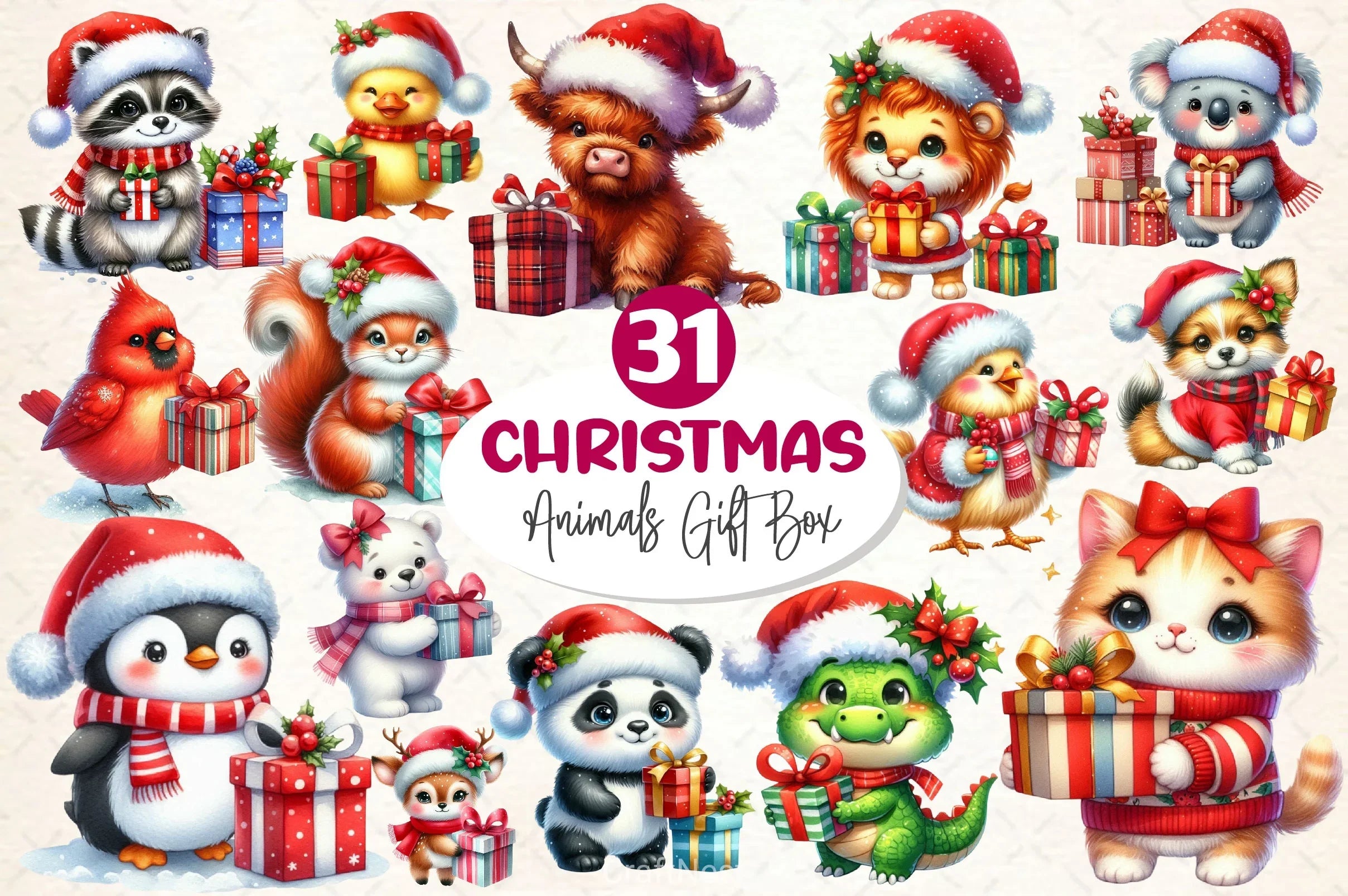 Cute Animals With Christmas Gifts Clipart Bundle - CraftNest - Digital Crafting and Art