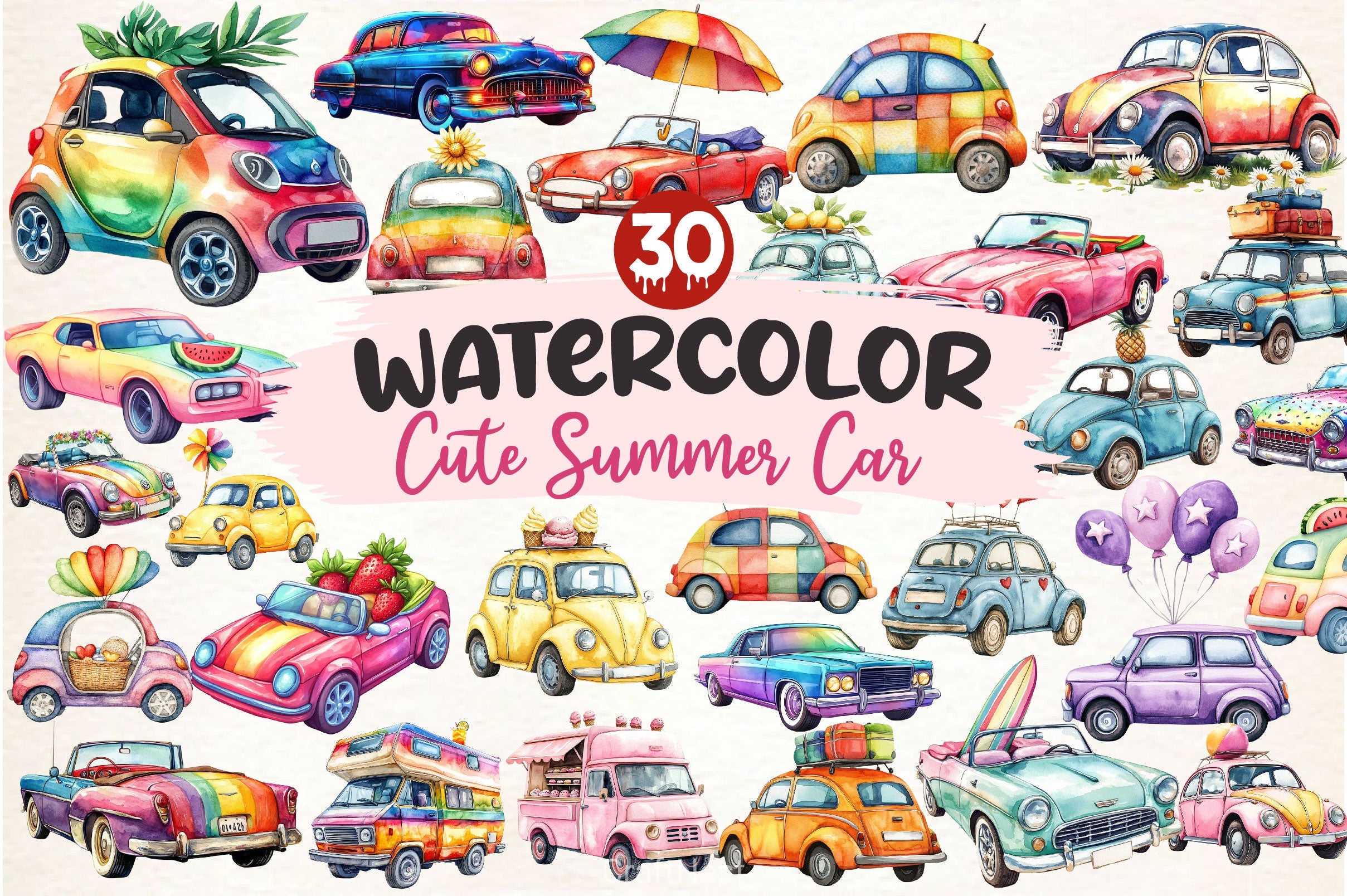 Rainbow Cute Summer Car Clipart Bundle - CraftNest - Digital Crafting and Art