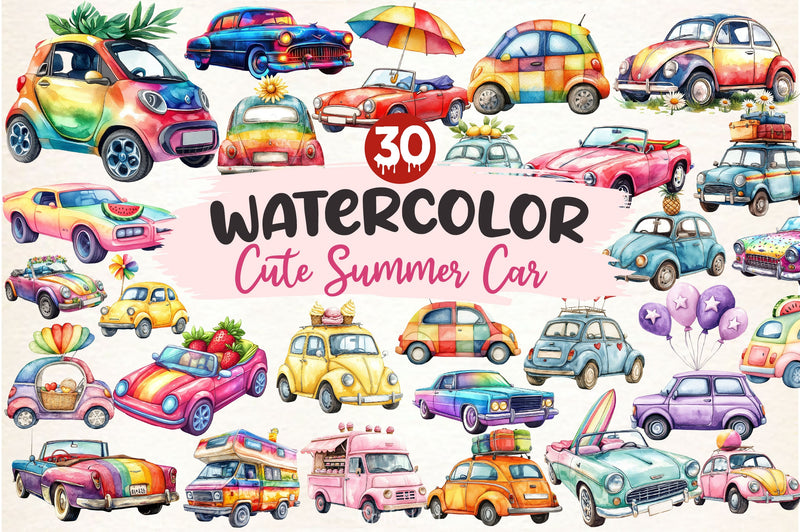 Rainbow Cute Summer Car Clipart Bundle - CraftNest - Digital Crafting and Art