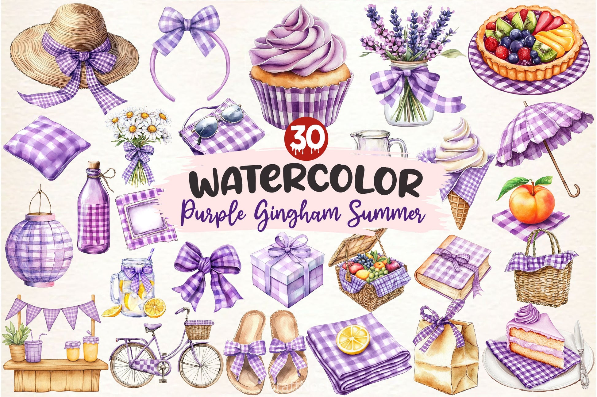 Purple Gingham Summer Clipart Bundle - CraftNest - Digital Crafting and Art