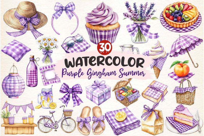 Purple Gingham Summer Clipart Bundle - CraftNest - Digital Crafting and Art