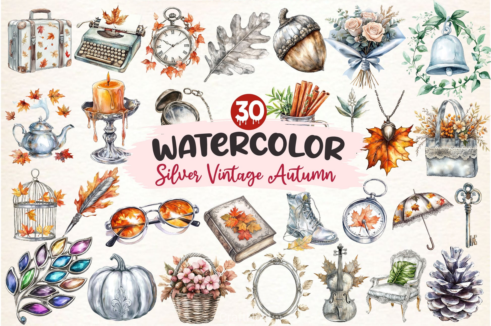 Silver Vintage Aesthetic Autumn Clipart Bundle 2 - CraftNest - Digital Crafting and Art