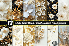 White Gold Boho Floral Leaves Background Clipart Bundle - CraftNest - Digital Crafting and Art
