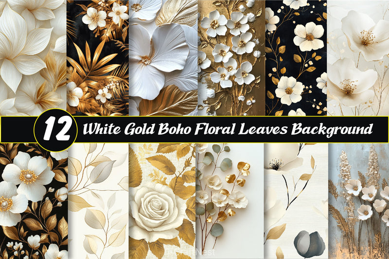 White Gold Boho Floral Leaves Background Clipart Bundle - CraftNest - Digital Crafting and Art
