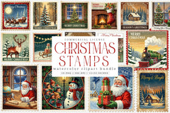 Vintage Christmas Stamps: Retro Santa, Snowman, Tree Clipart Bundle - CraftNest - Digital Crafting and Art