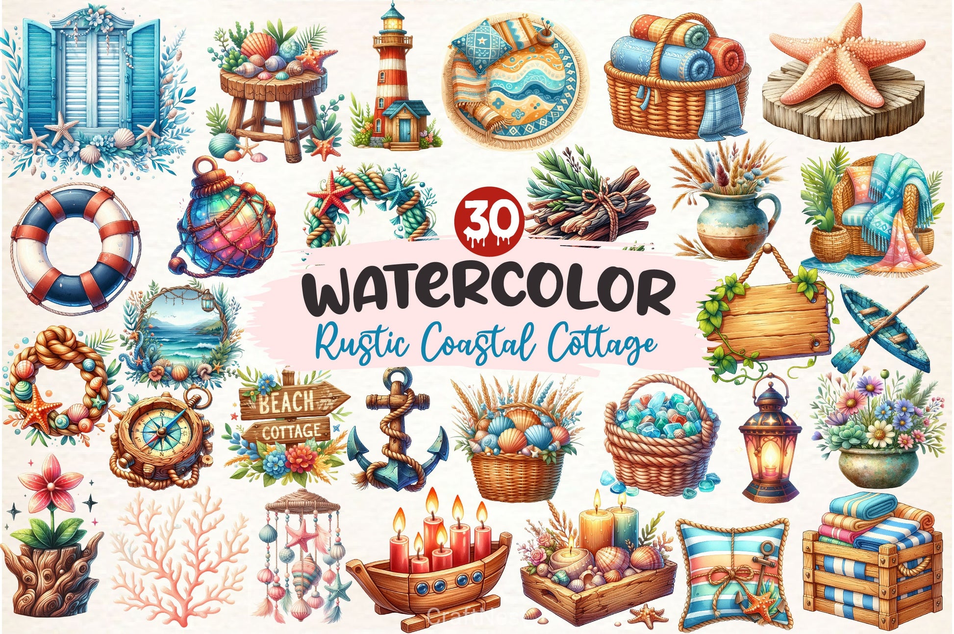 Rustic Coastal Cottage Elements Clipart Bundle - CraftNest - Digital Crafting and Art