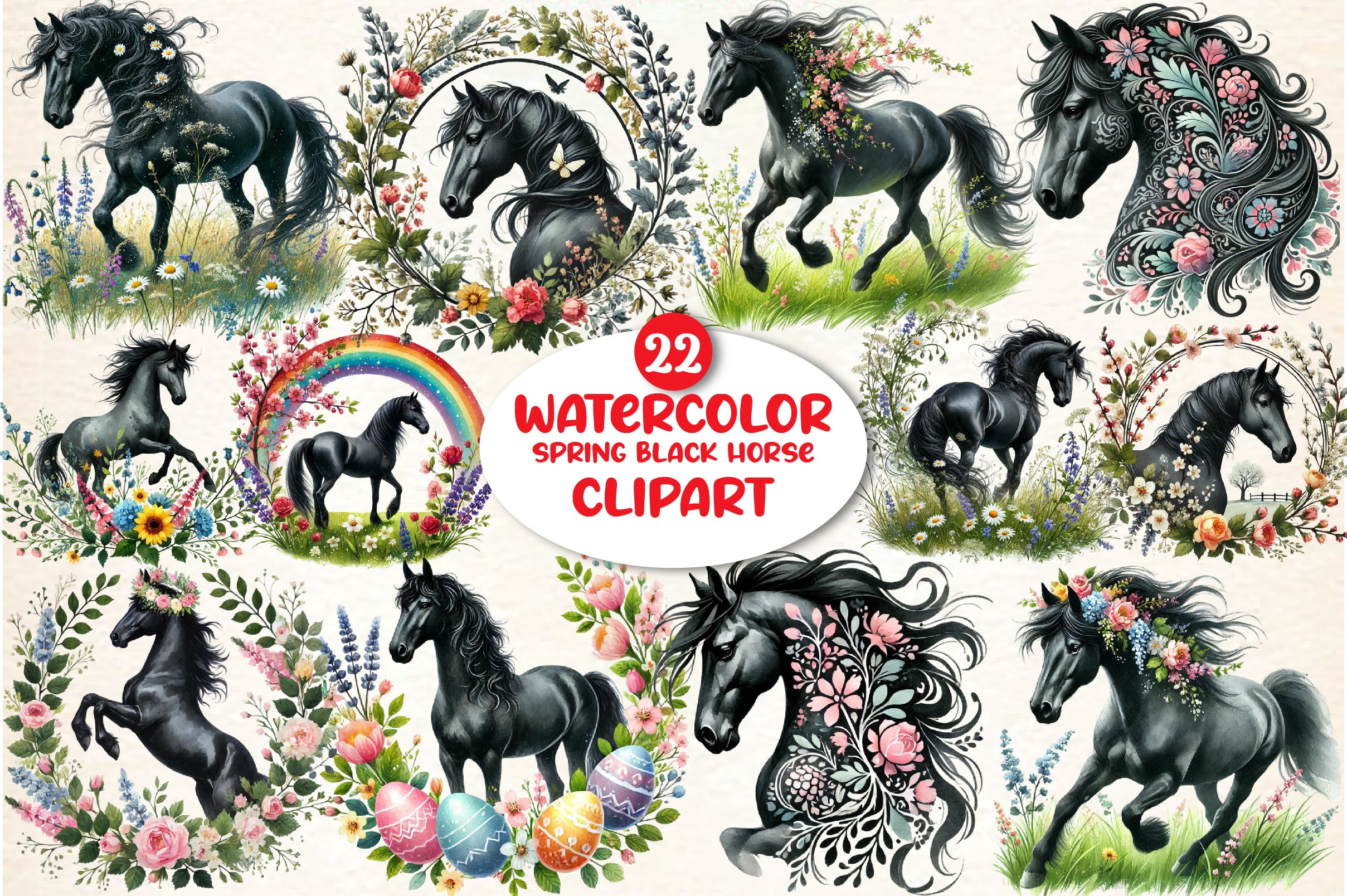 Spring Black Horse Clipart Bundle
