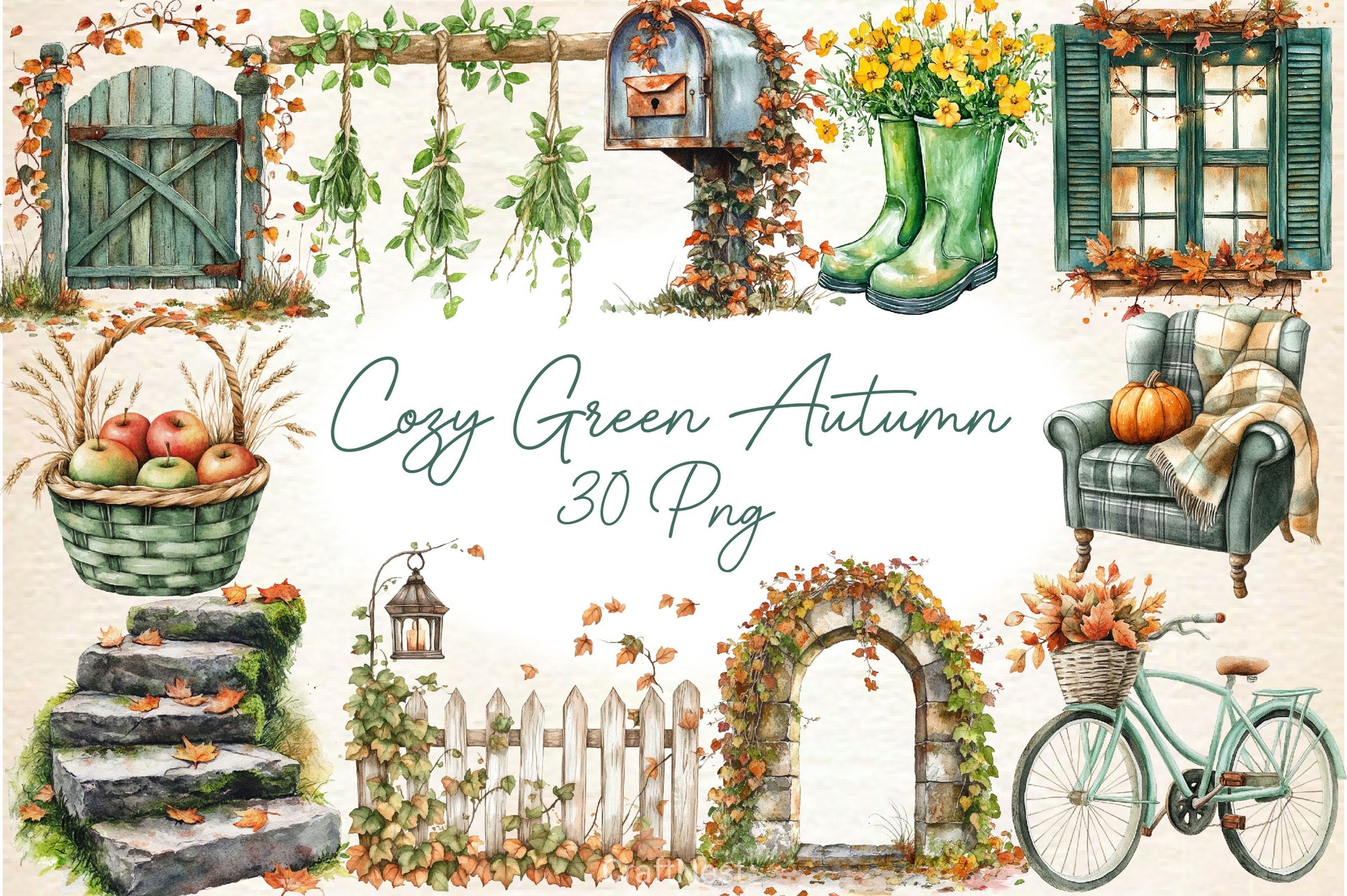 Cozy Green Autumn Clipart Bundle - CraftNest - Digital Crafting and Art