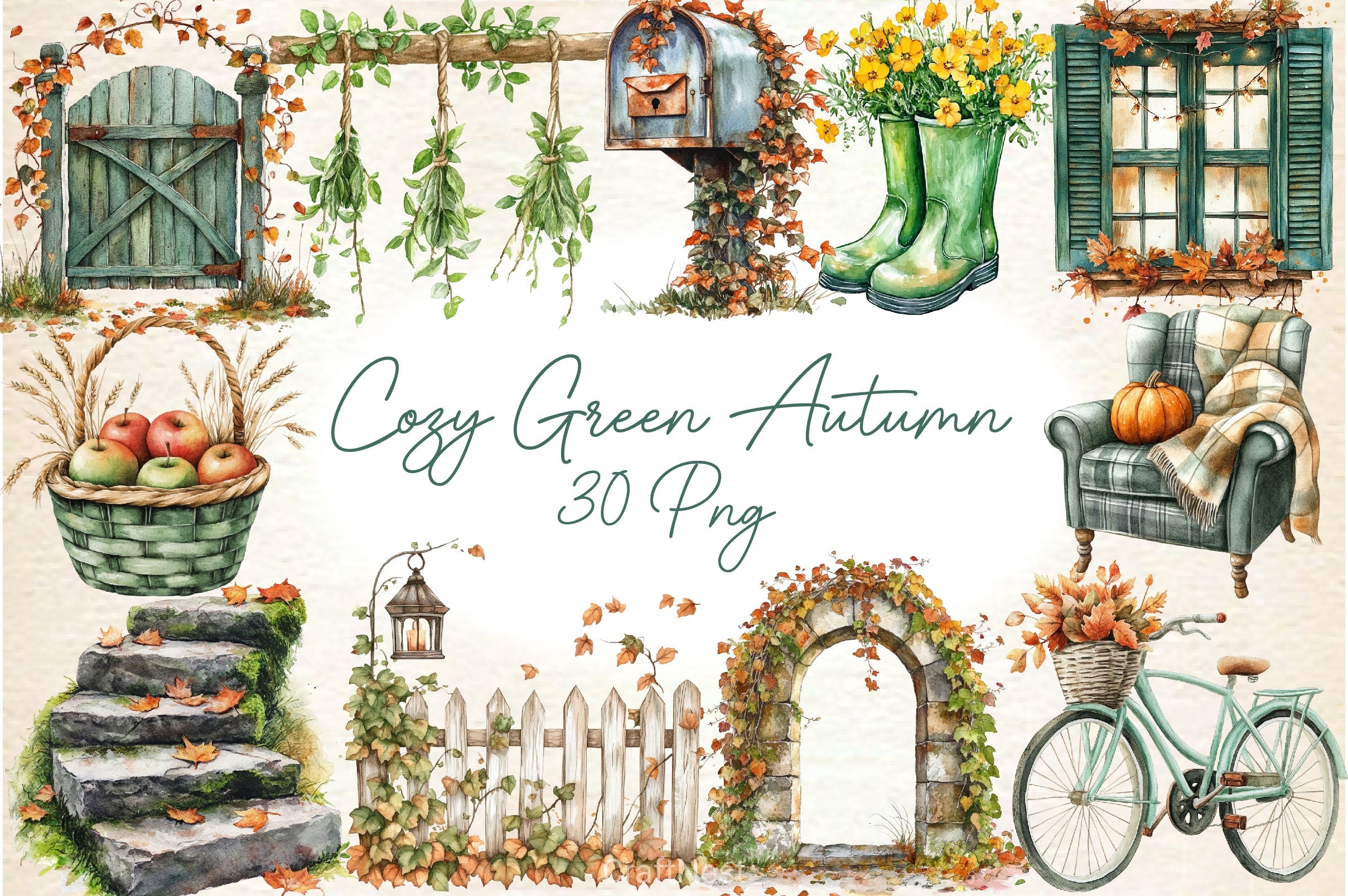 Cozy Green Autumn Clipart Bundle - CraftNest - Digital Crafting and Art