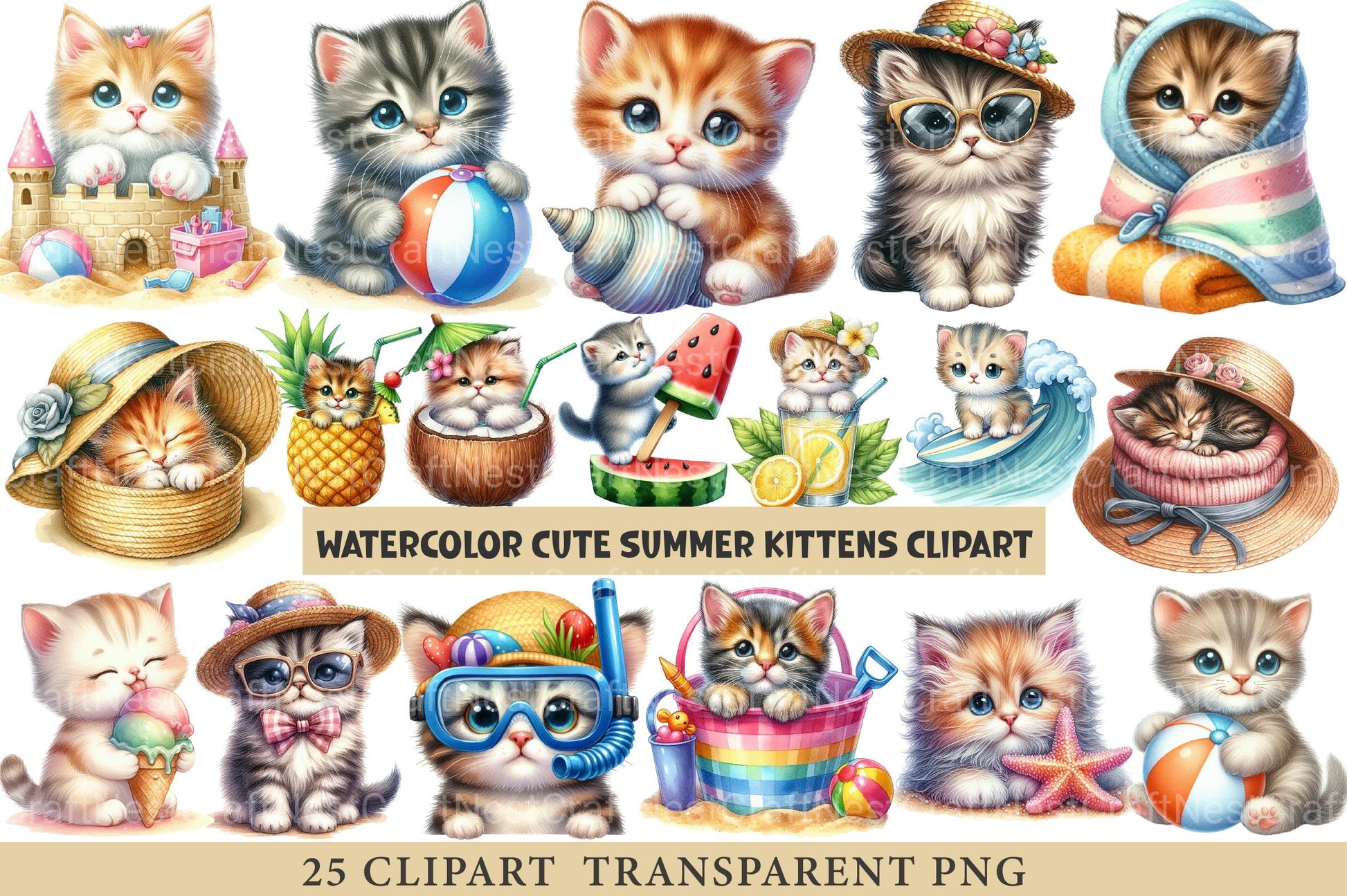 Cute Summer Kittens Clipart Bundle - CraftNest - Digital Crafting and Art