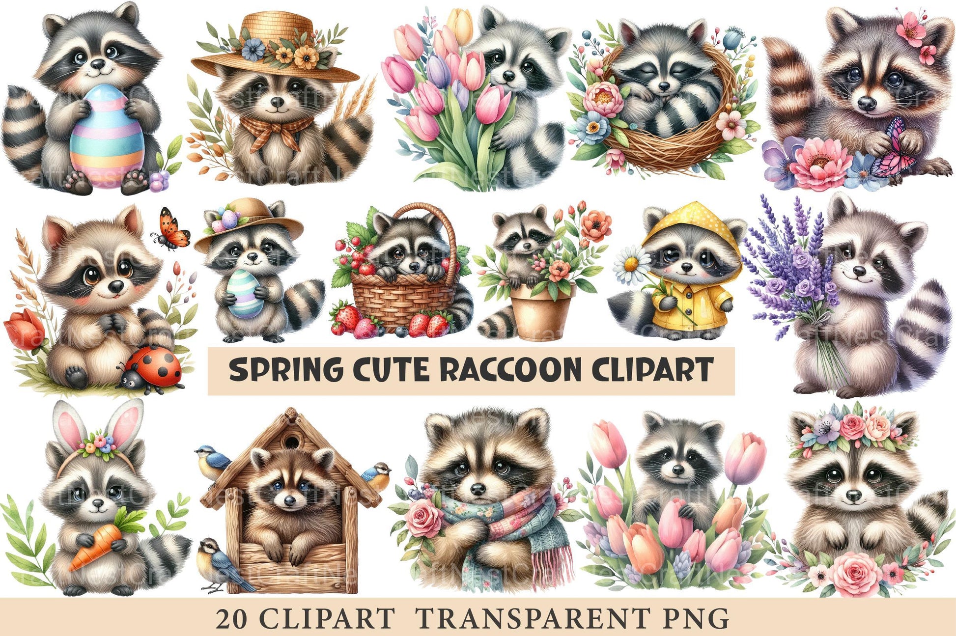 Spring Cute Raccoon Clipart