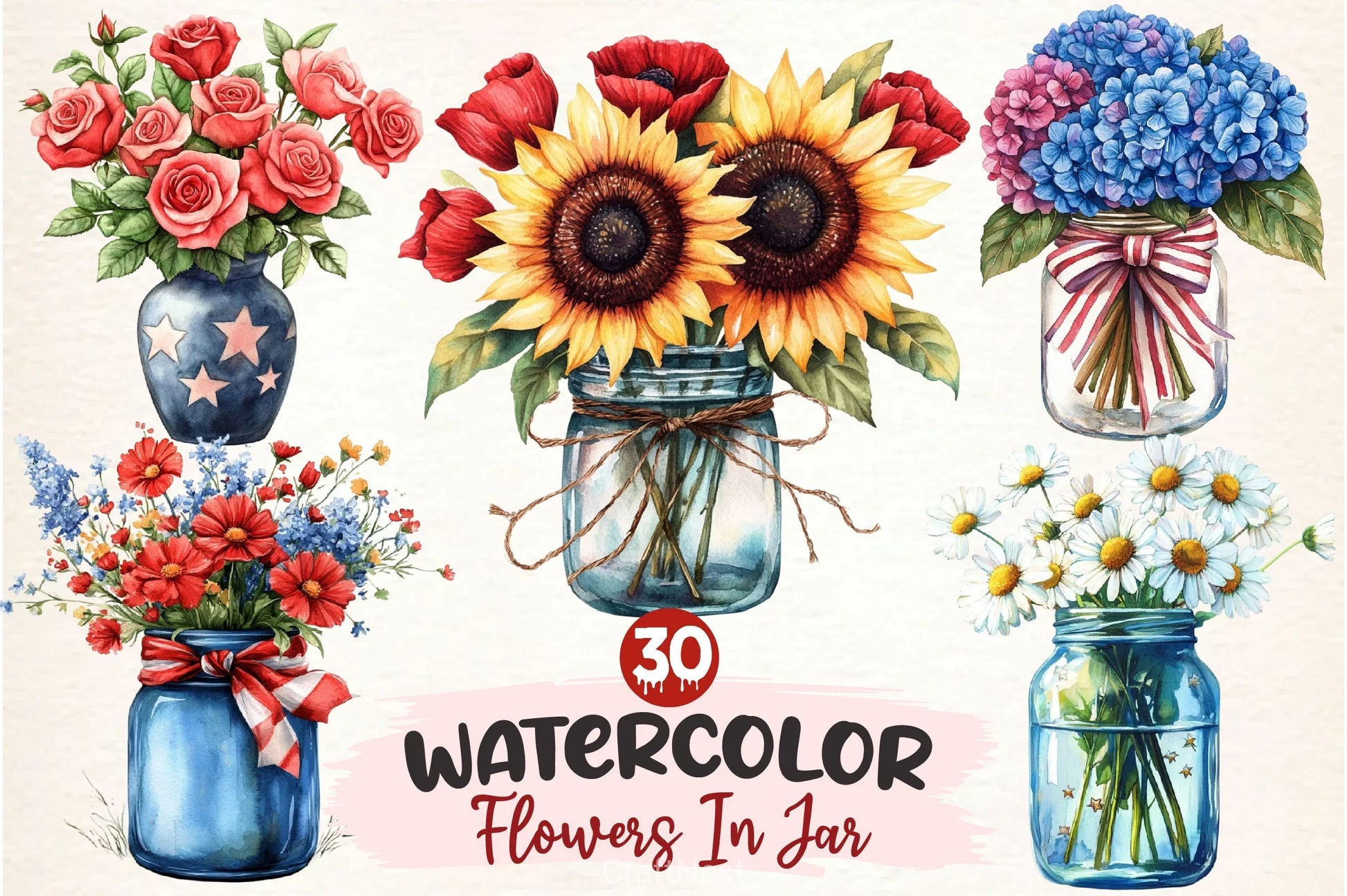 Flowers In Jar 4th Of July Clipart Bundle - CraftNest - Digital Crafting and Art