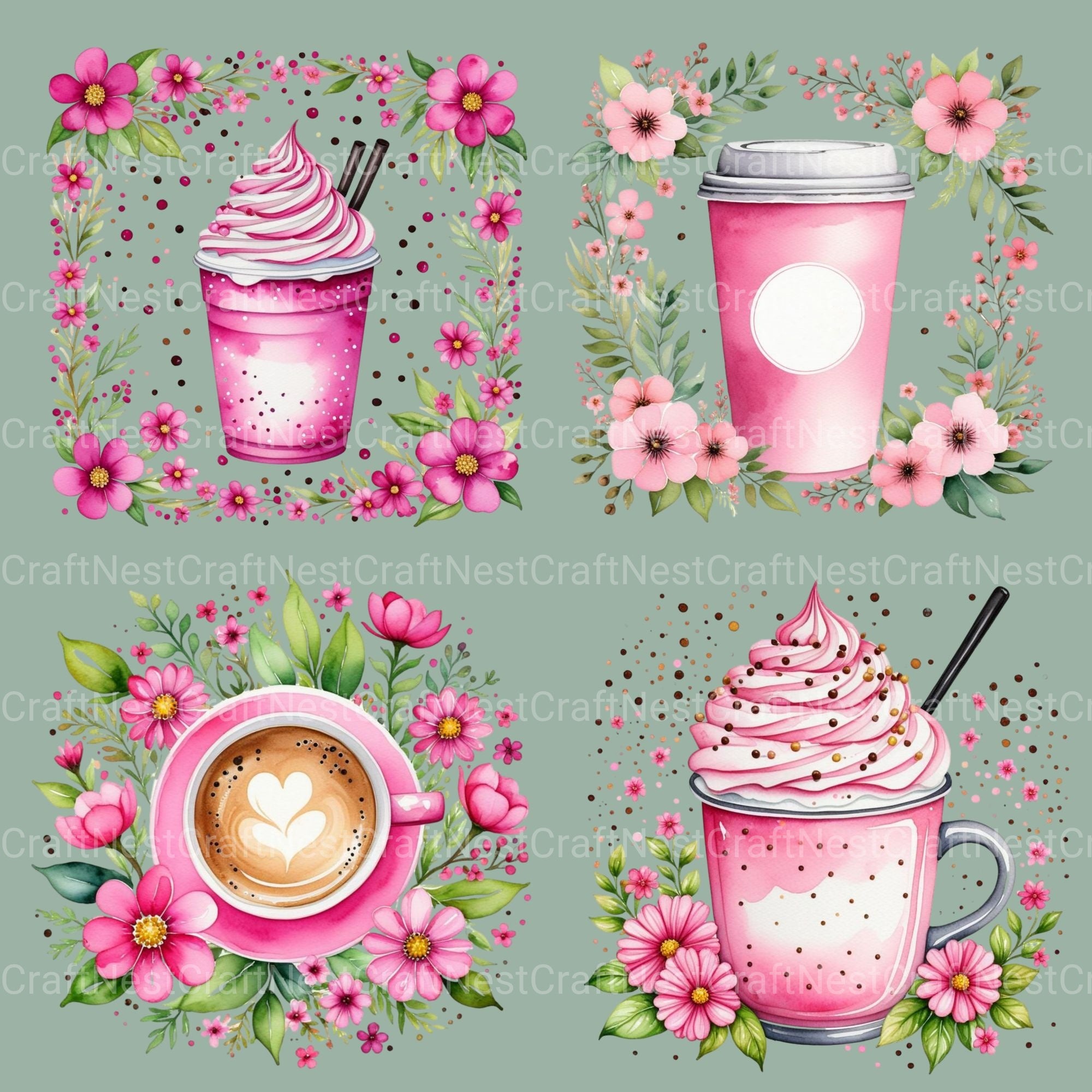 Coffee Floral Pink Clipart Bundle - CraftNest - Digital Crafting and Art
