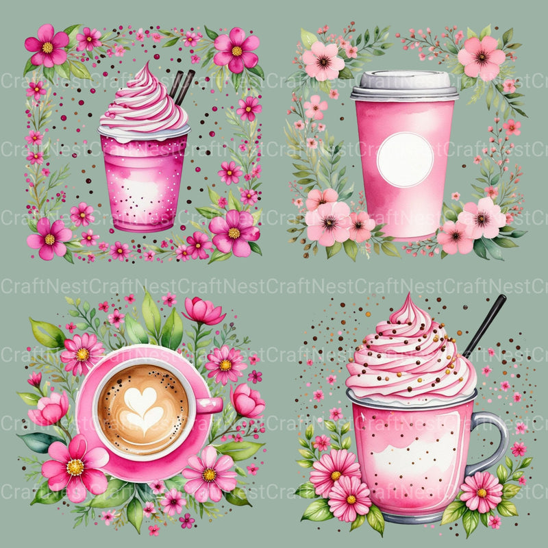 Coffee Floral Pink Clipart Bundle - CraftNest - Digital Crafting and Art
