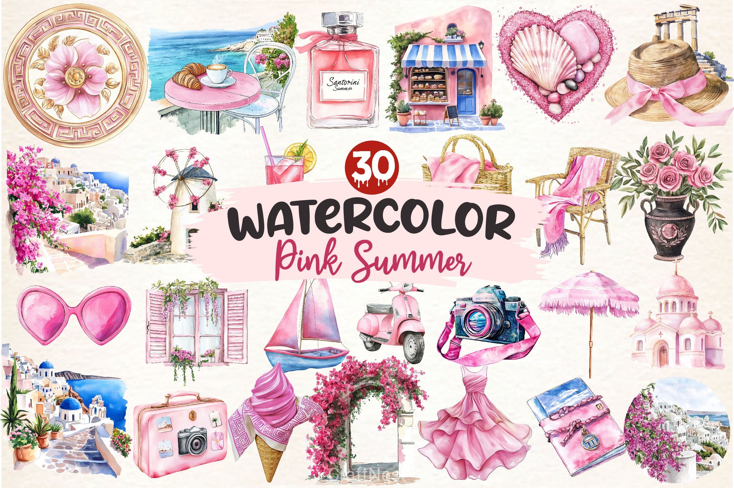 Pink Summer Santorini Travel Clipart Bundle 2 - CraftNest - Digital Crafting and Art