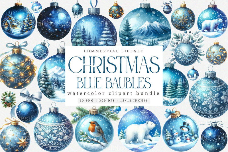 Blue Baubles Christmas Tree Ornaments Clipart Bundle - CraftNest - Digital Crafting and Art
