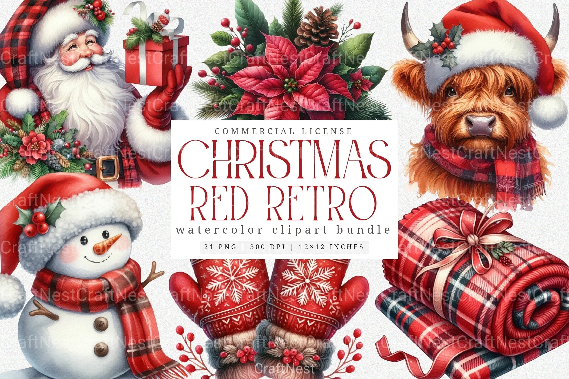 Red Christmas Retro Clipart Bundle: Santa, Reindeer, Snowmen & Gingerbread - CraftNest - Digital Crafting and Art