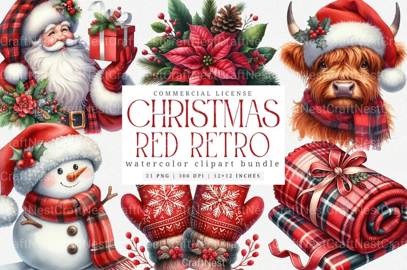 Red Christmas Retro Clipart Bundle: Santa, Reindeer, Snowmen & Gingerbread - CraftNest - Digital Crafting and Art