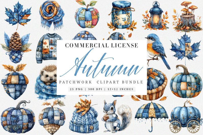 Blue Patchwork Autumn Clipart Set Bundle - CraftNest - Digital Crafting and Art