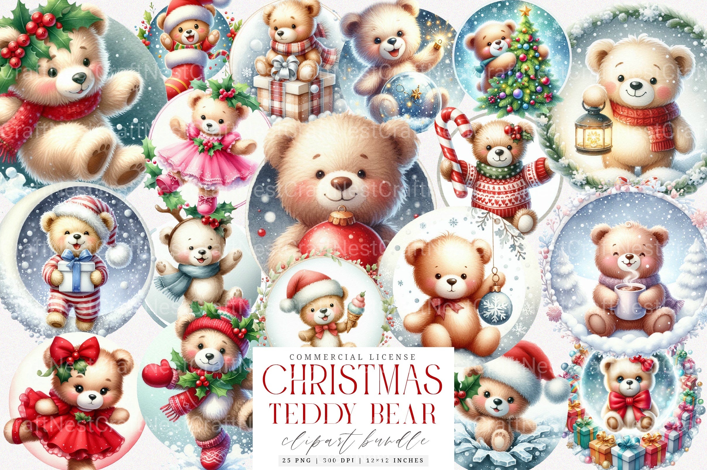 Cute Christmas Teddy Bear Holiday Clipart Bundle - CraftNest - Digital Crafting and Art