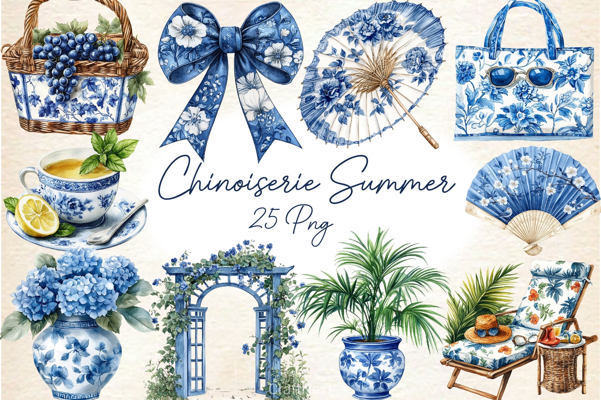 Blue Chinoiserie Summer Clipart Bundle 3 - CraftNest - Digital Crafting and Art