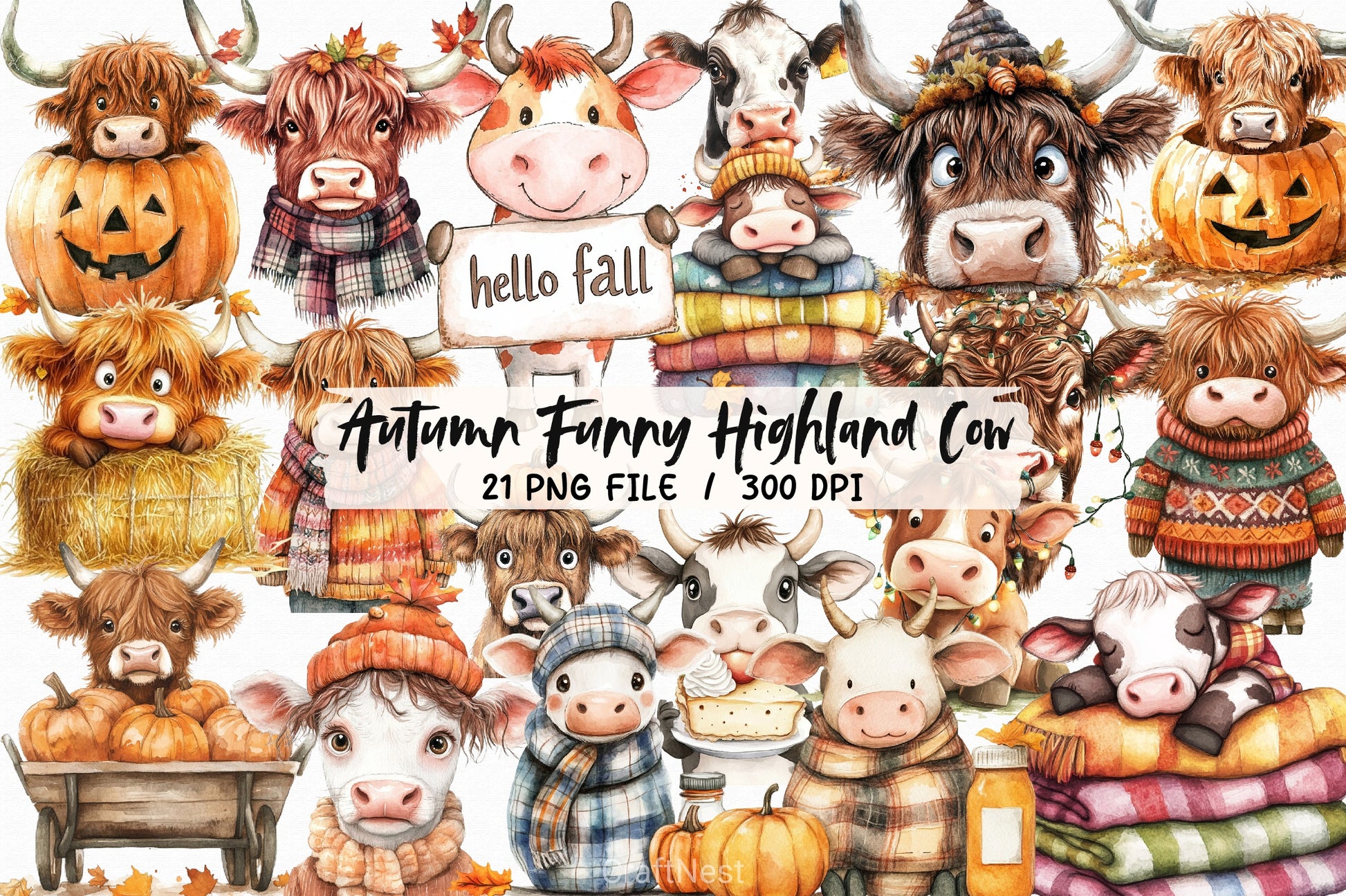 Autumn Highland Cow Clipart Bundle 6 - CraftNest - Digital Crafting and Art