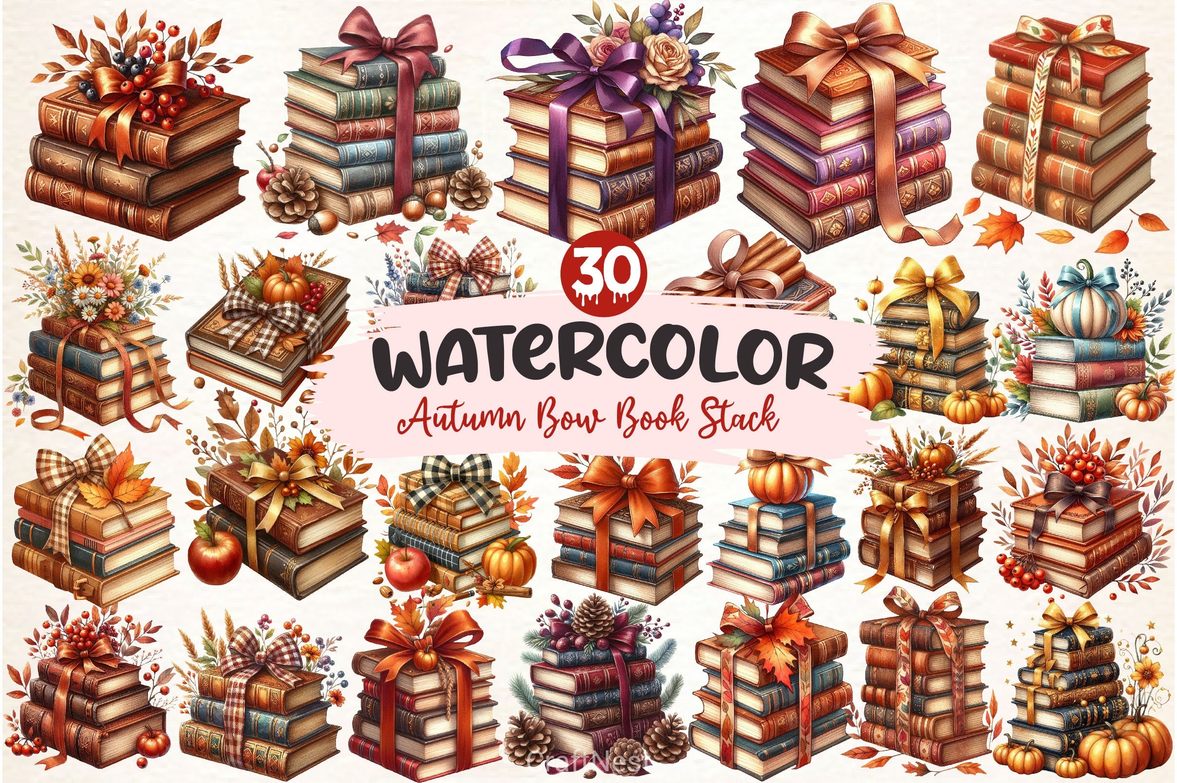 Autumn Bow Book Stack Clipart Bundle - CraftNest - Digital Crafting and Art