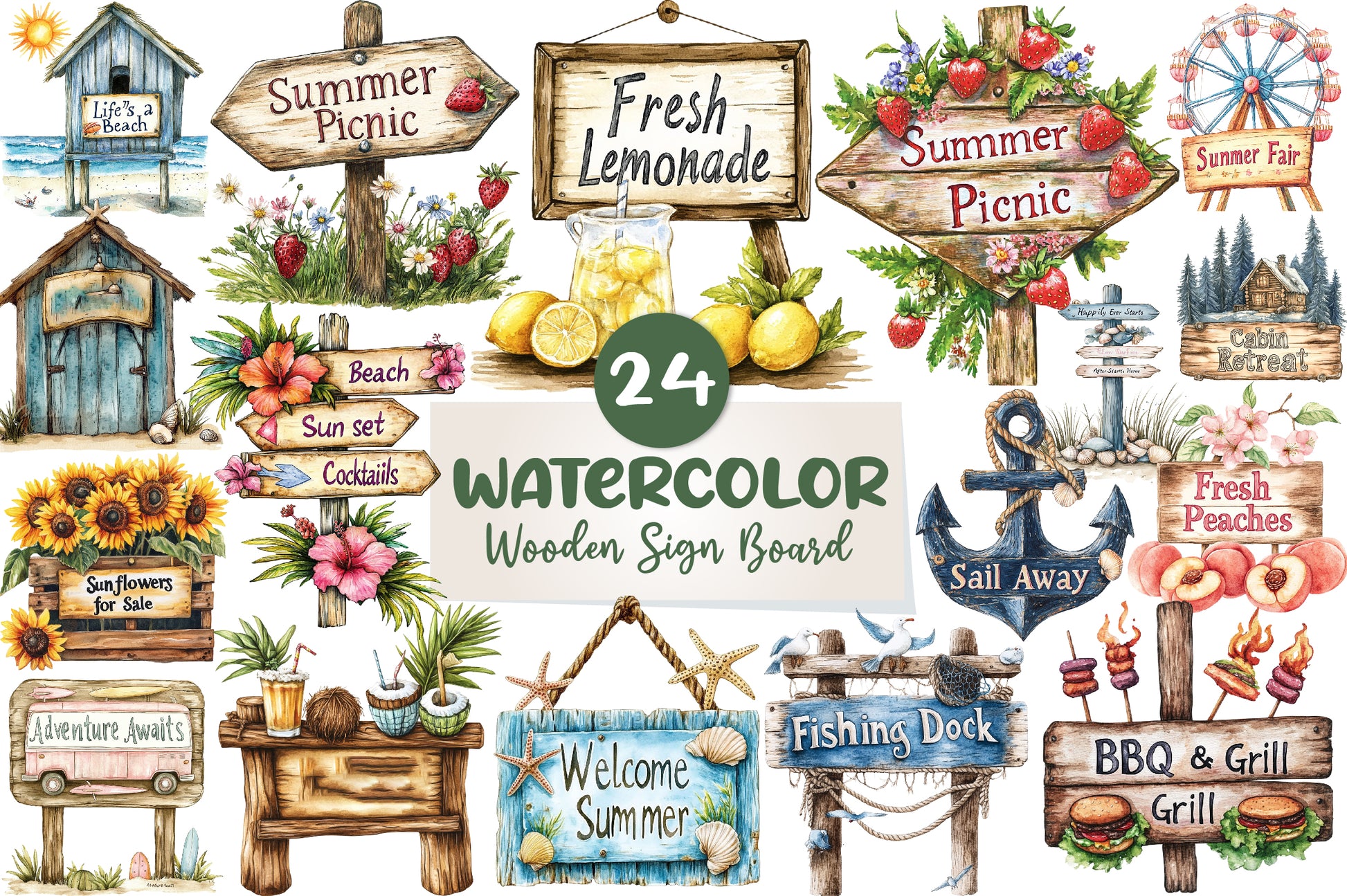 Summer Wooden Sign Board Clipart Bundle - CraftNest - Digital Crafting and Art