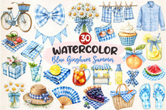 Blue Gingham Summer Clipart Bundle - CraftNest - Digital Crafting and Art