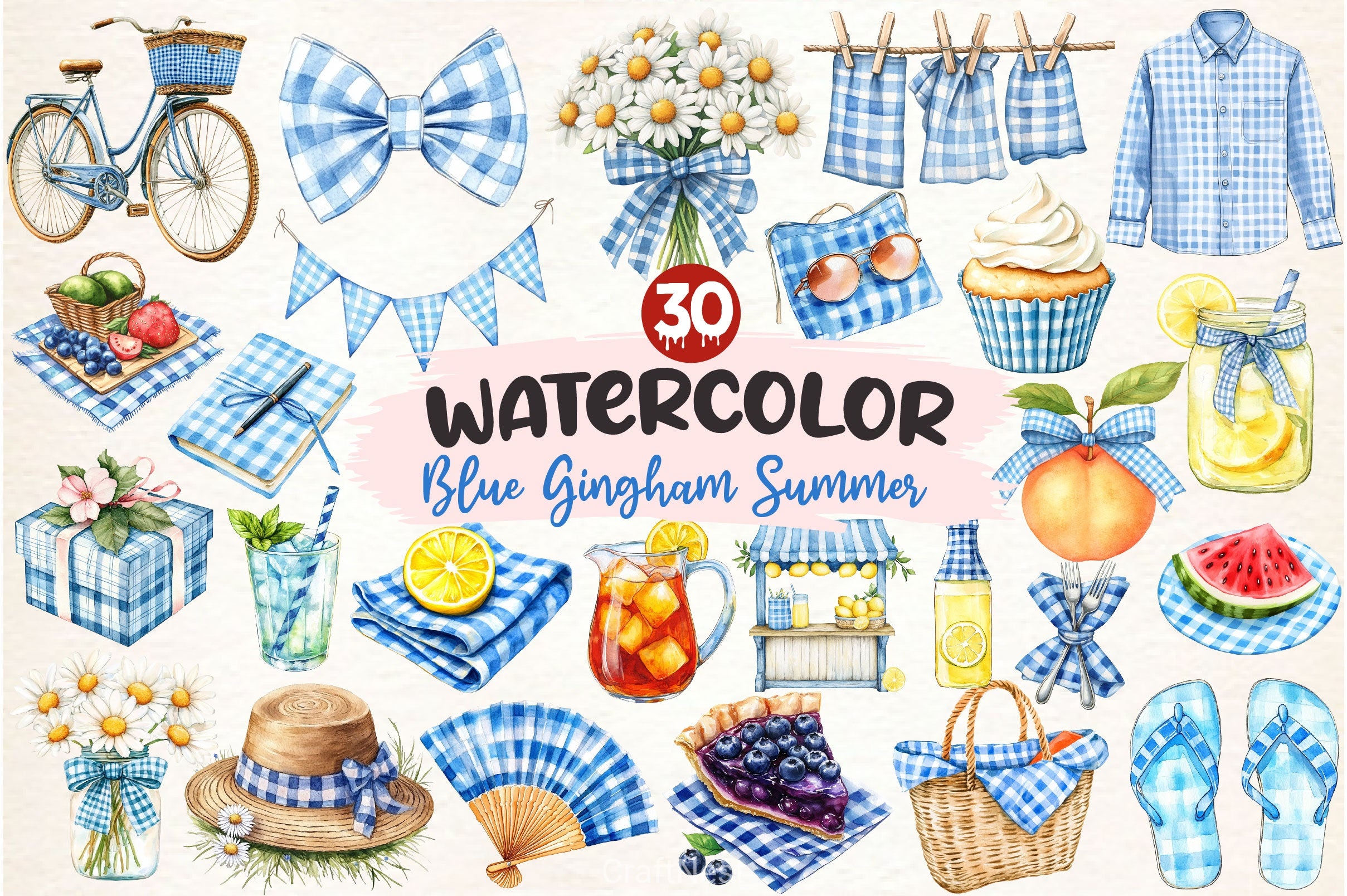 Blue Gingham Summer Clipart Bundle - CraftNest - Digital Crafting and Art
