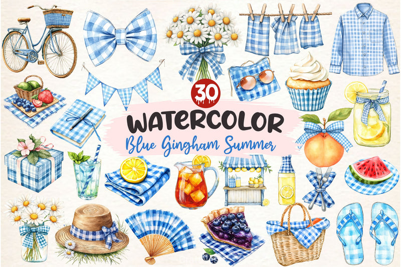 Blue Gingham Summer Clipart Bundle - CraftNest - Digital Crafting and Art