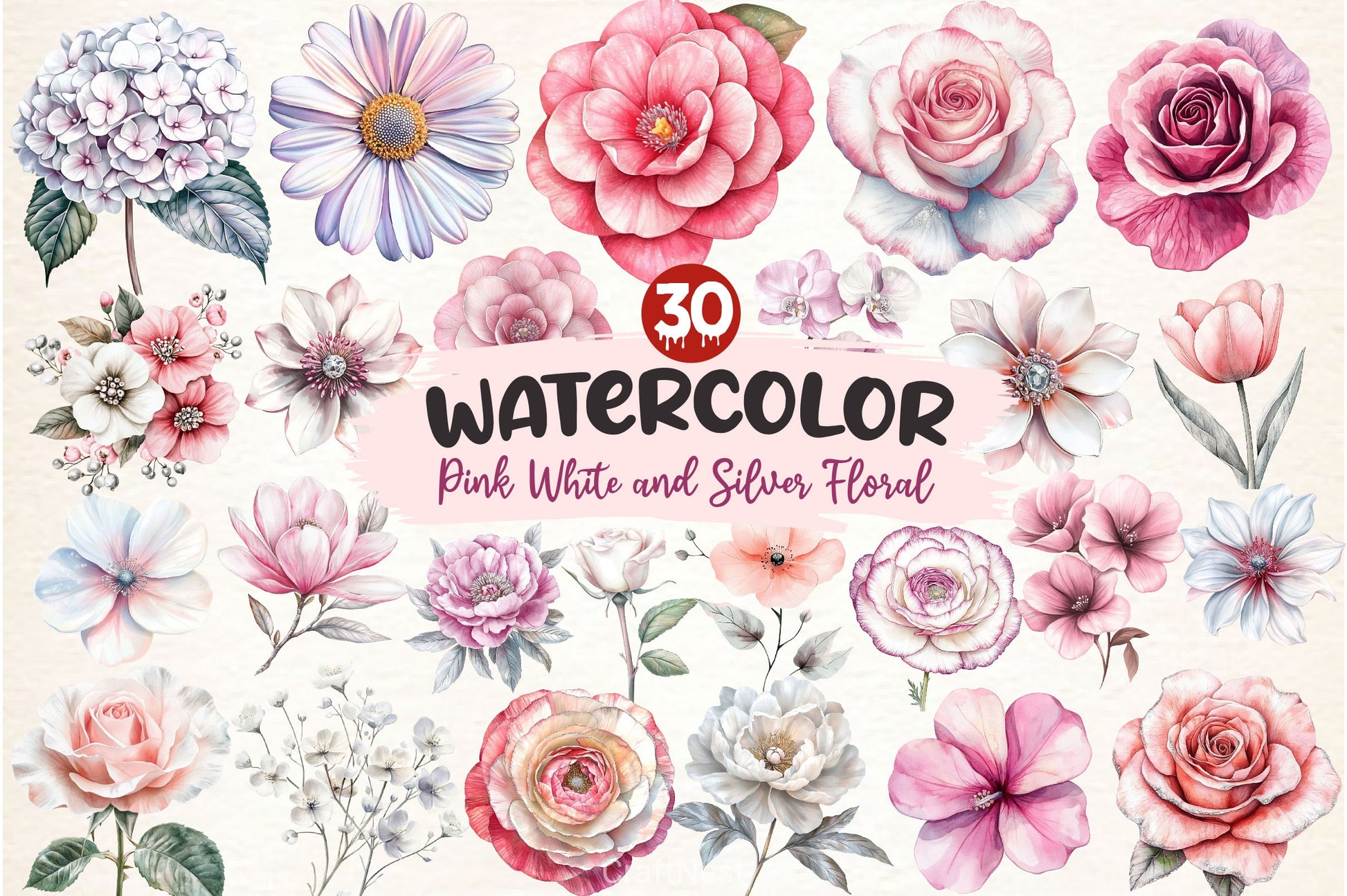 Pink White And Silver Floral Clipart Bundle - CraftNest - Digital Crafting and Art