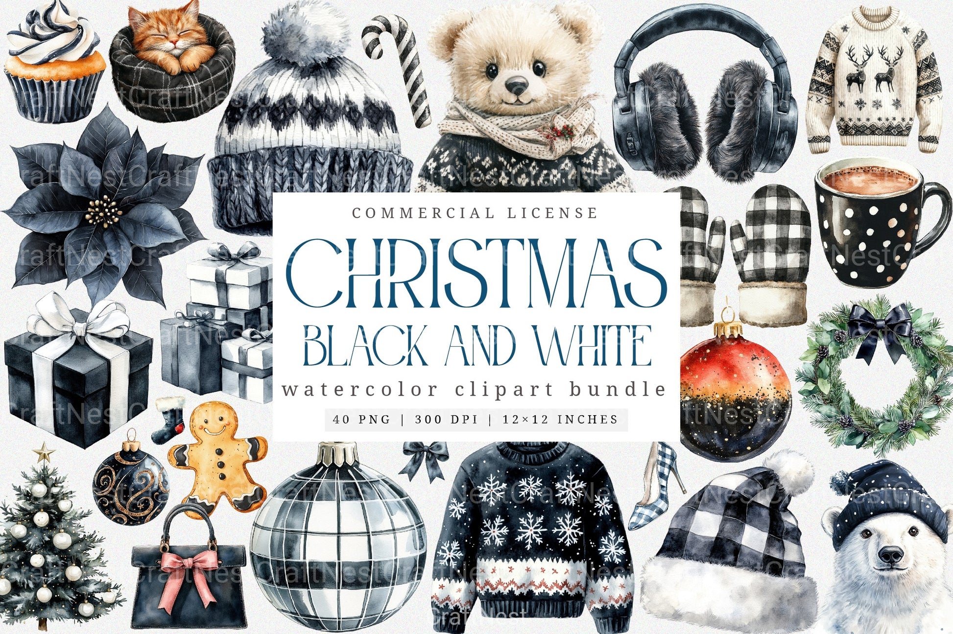 Black and White Christmas Clipart Bundle: Monochrome Winter Holiday Decor - CraftNest - Digital Crafting and Art