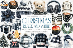 Black and White Christmas Clipart Bundle: Monochrome Winter Holiday Decor - CraftNest - Digital Crafting and Art
