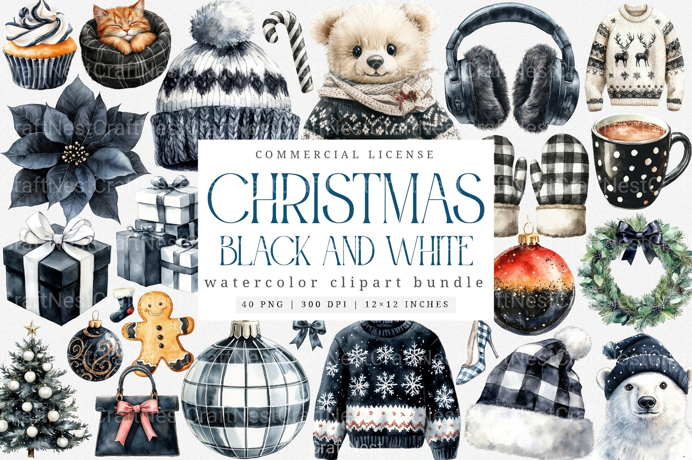 Black and White Christmas Clipart Bundle: Monochrome Winter Holiday Decor - CraftNest - Digital Crafting and Art