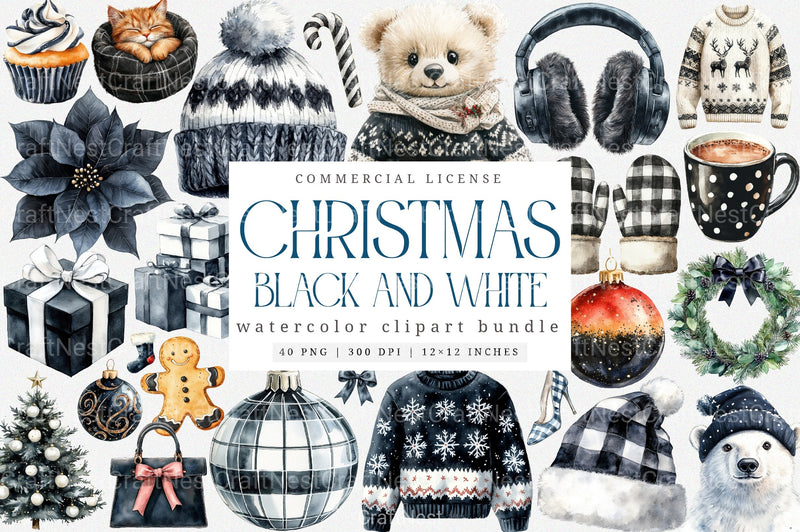 Black and White Christmas Clipart Bundle: Monochrome Winter Holiday Decor - CraftNest - Digital Crafting and Art