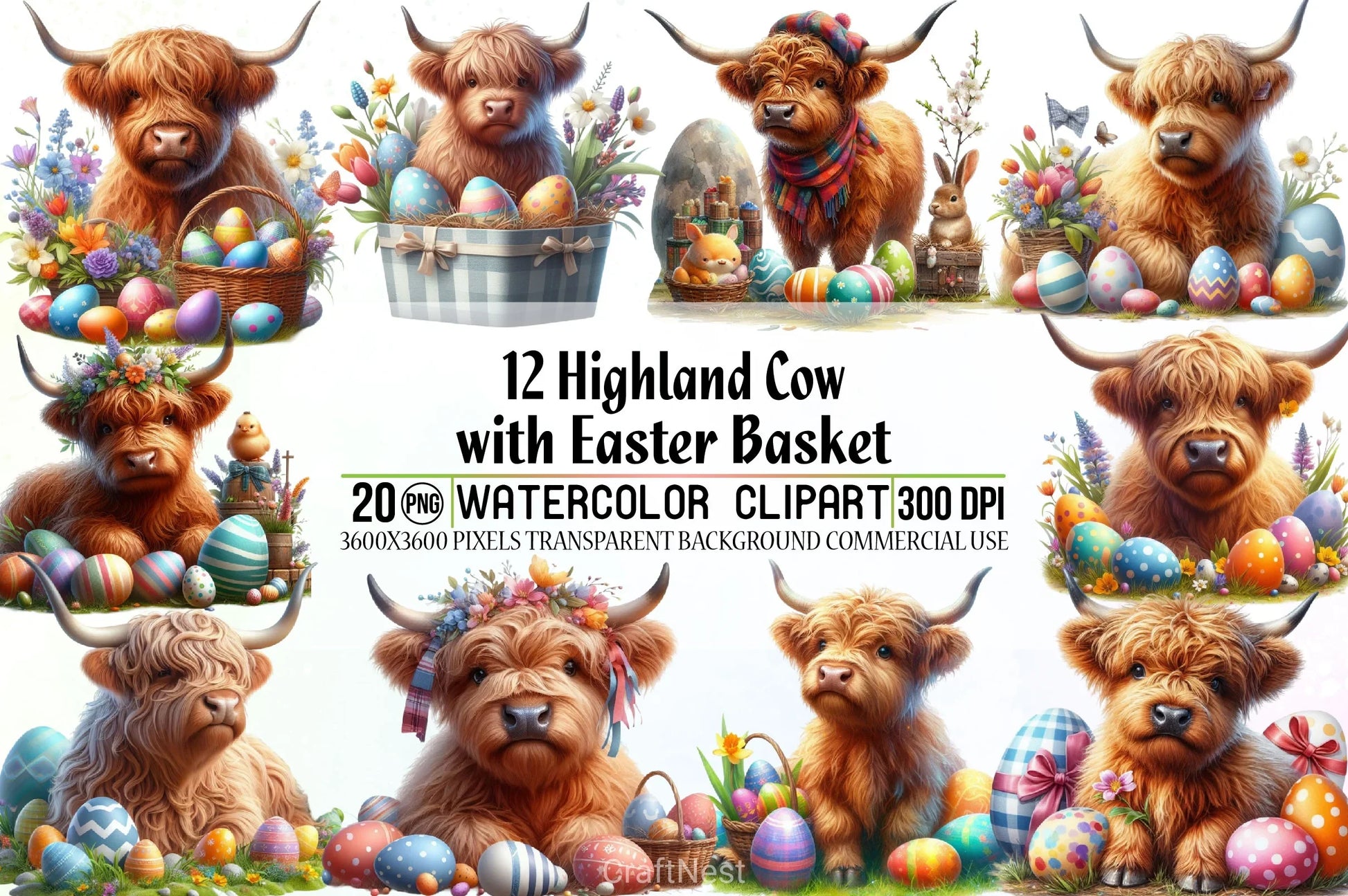 Highland Cow Easter Basket Clipart Bundle - CraftNest - Digital Crafting and Art