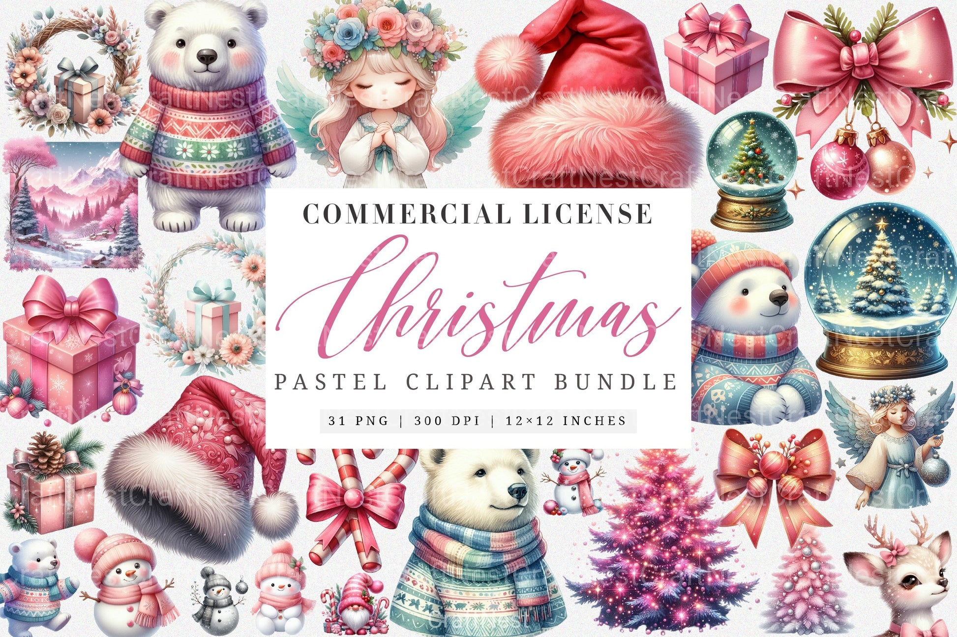 Silver Pink Christmas Pastel Decoration Clipart Bundle - CraftNest - Digital Crafting and Art