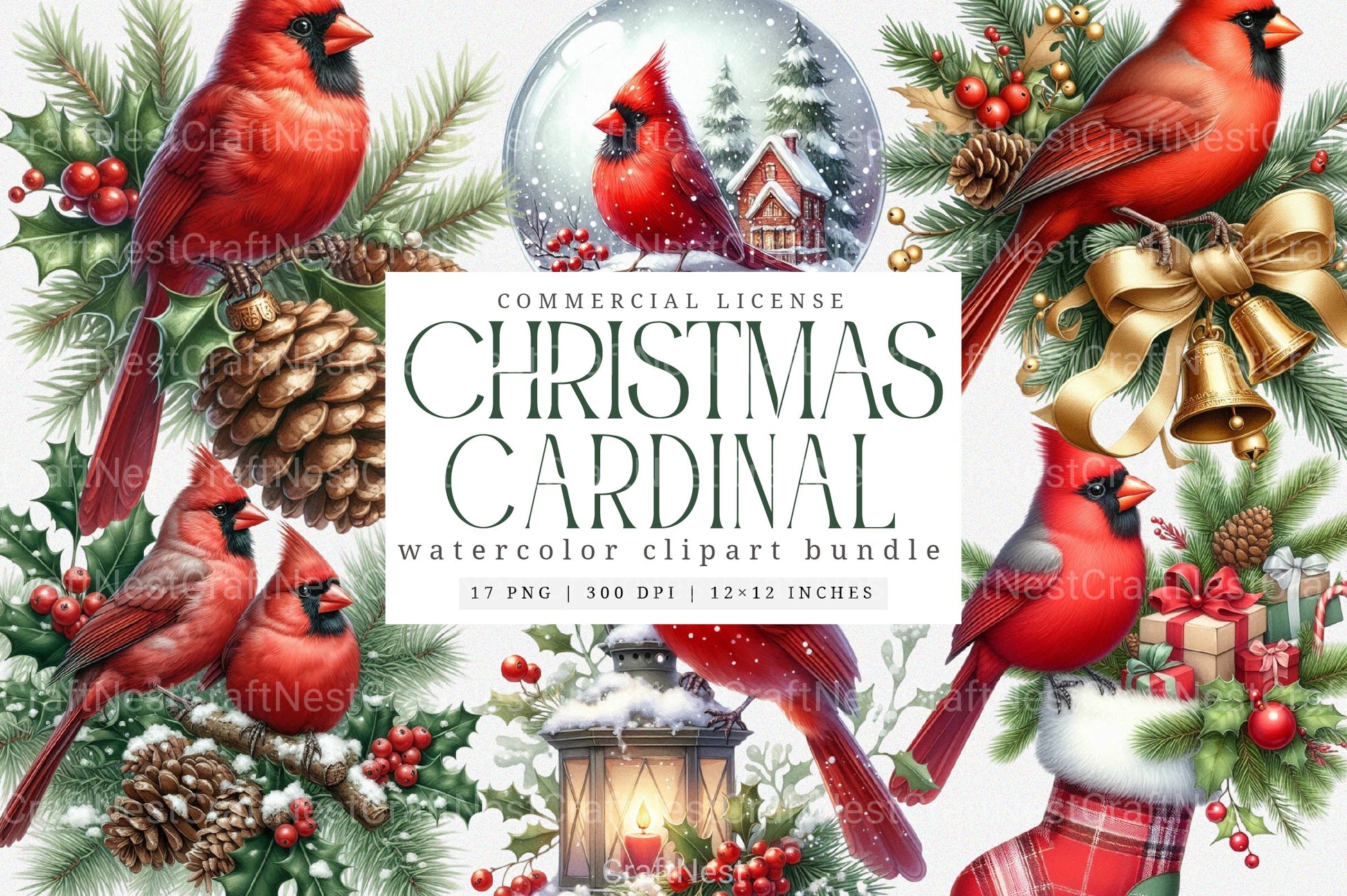 Christmas Red Cardinal Festive Bird Clipart Bundle - Digital Download - CraftNest - Digital Crafting and Art