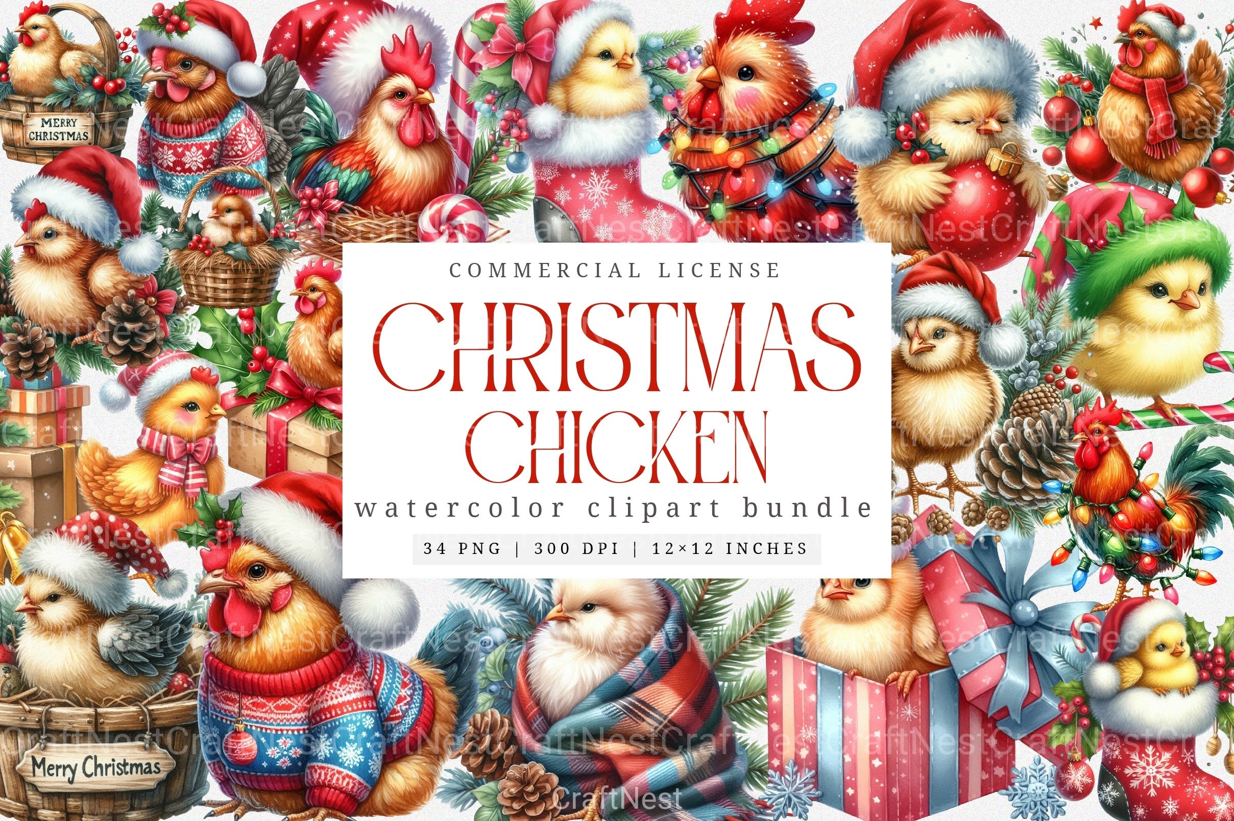 Christmas Chicken Clipart Bundle: Rooster & Hen Collection - CraftNest - Digital Crafting and Art