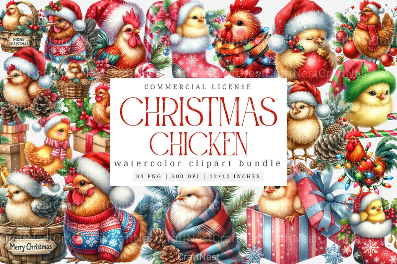 Christmas Chicken Clipart Bundle: Rooster & Hen Collection - CraftNest - Digital Crafting and Art