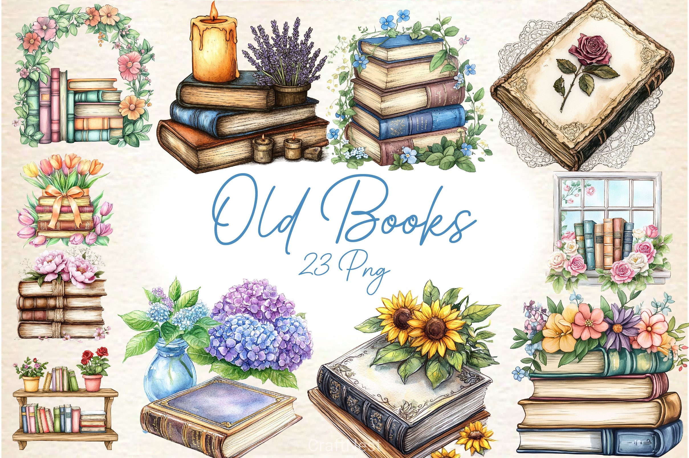 Old Books With Floral Clipart Bundle - CraftNest - Digital Crafting and Art