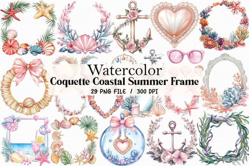 Coquette Coastal Summer Frame Clipart Bundle 1 - CraftNest - Digital Crafting and Art