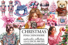 Pink Chinoiserie Christmas Clipart Bundle - CraftNest - Digital Crafting and Art